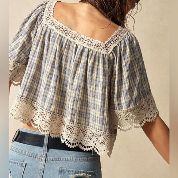 Plaid Lace Trim Women Top XL - Picture 6 of 7